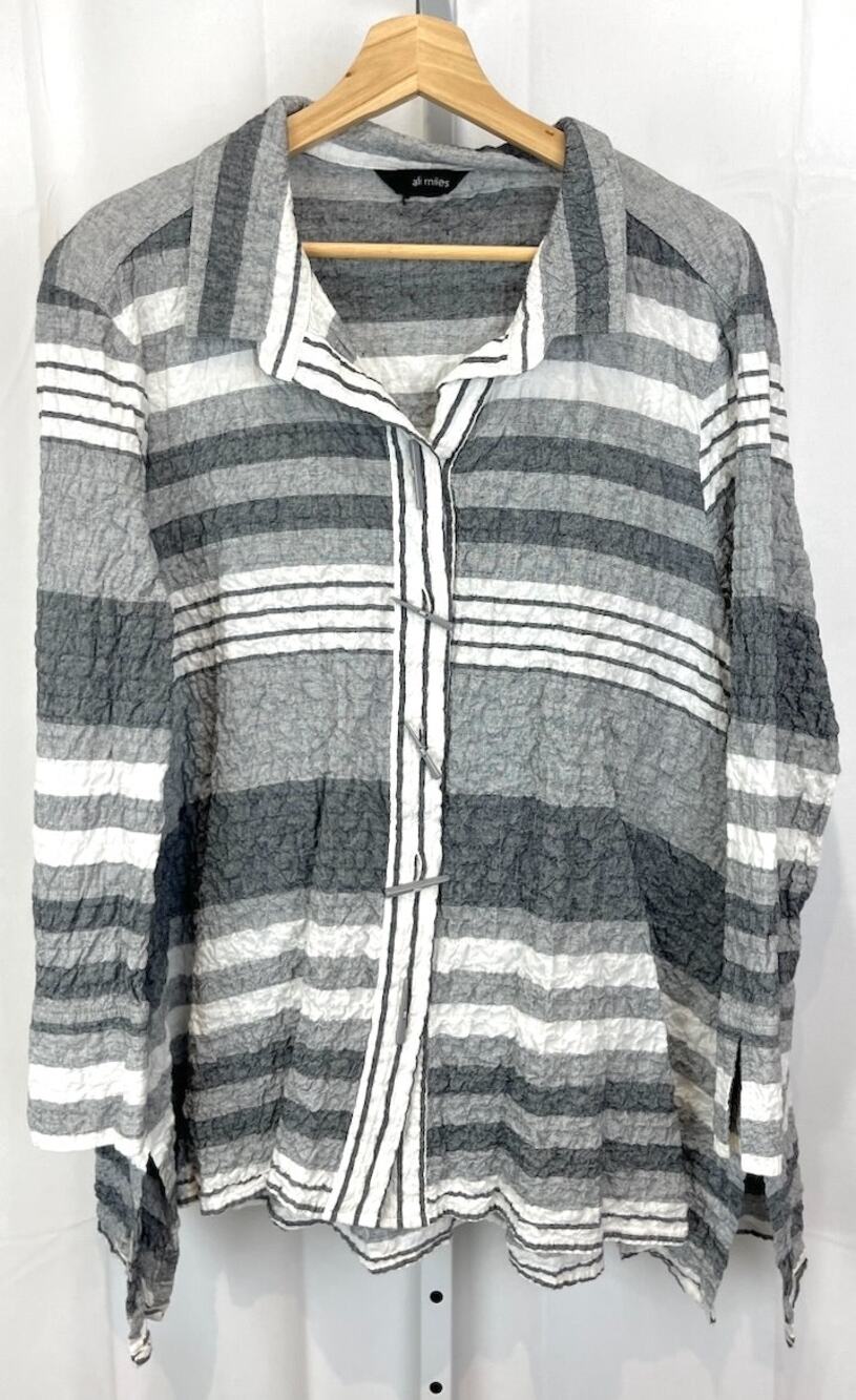 ALI MILES ESTIMATED XL Striped Button Front Shirt Long Sleeve Cotton Gray White